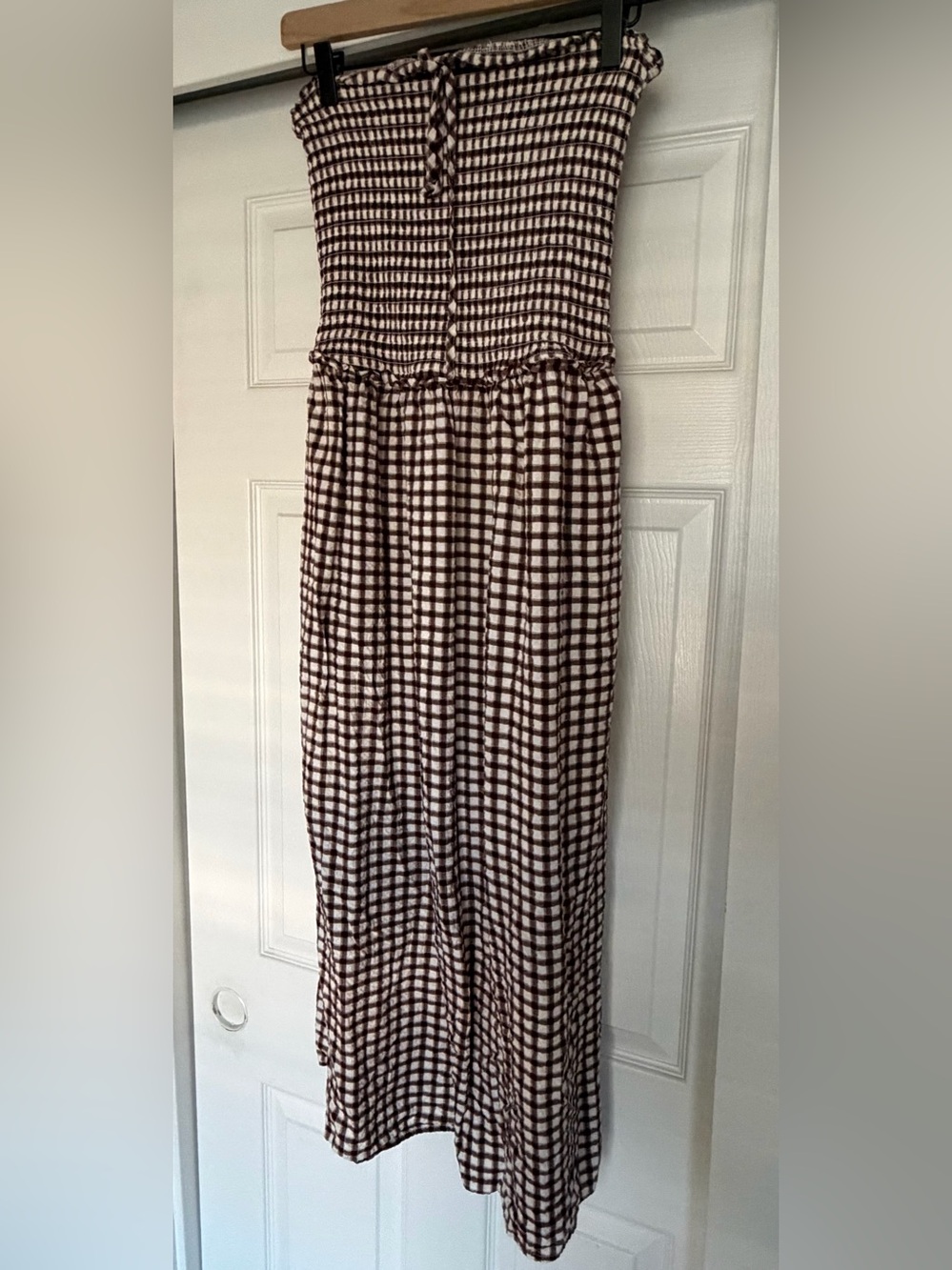 Smocked Brown and White Check Maxi Skirt